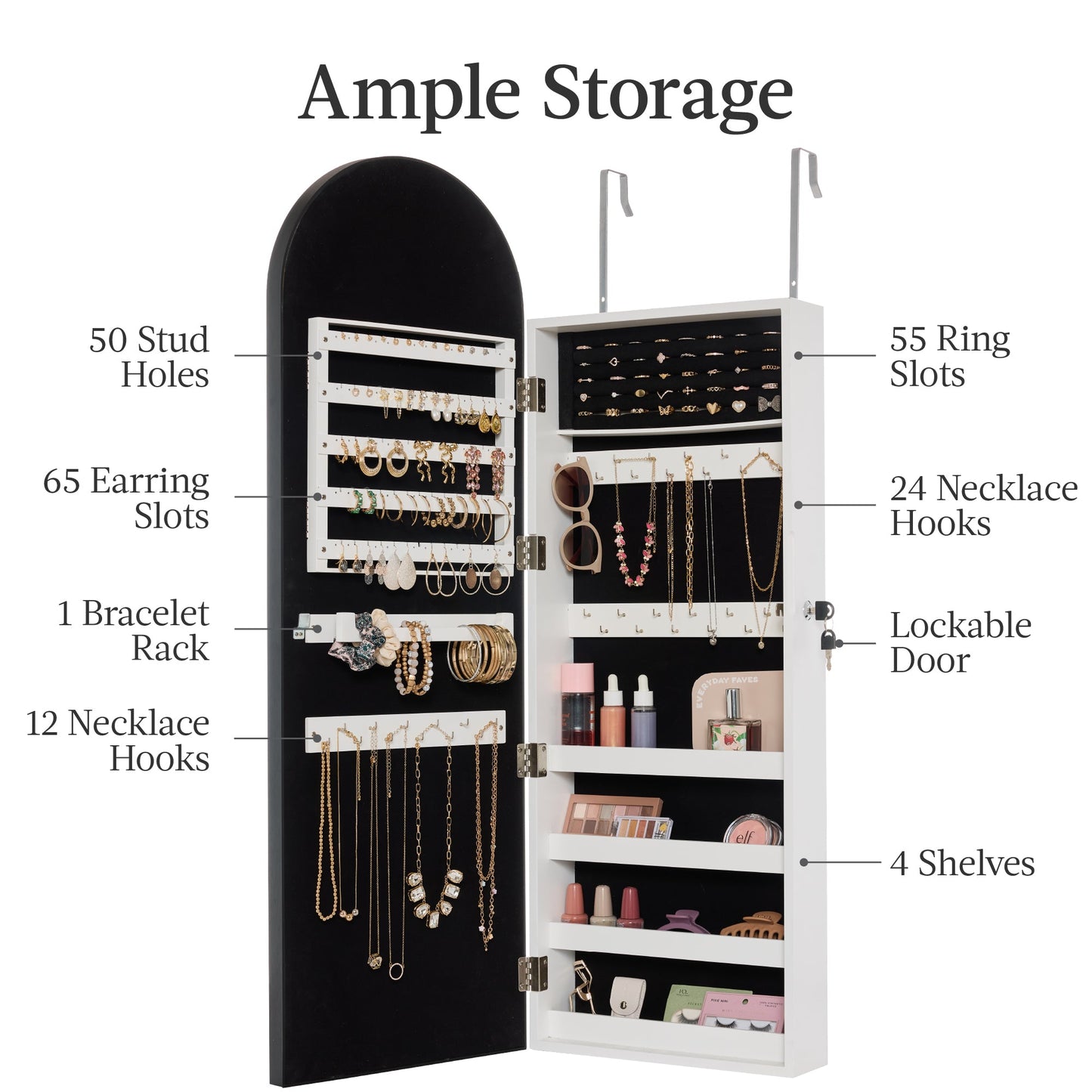 Door/Wall Mounted Arch Mirror Jewelry Armoire, w/ Metal Frame, Built-In Lock