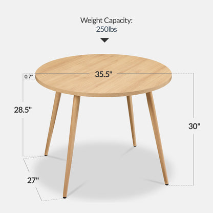 Round Mid-Century Modern 35.5in Dining Table, Dinette for Home or Kitchen w/Wood Finish Steel Legs