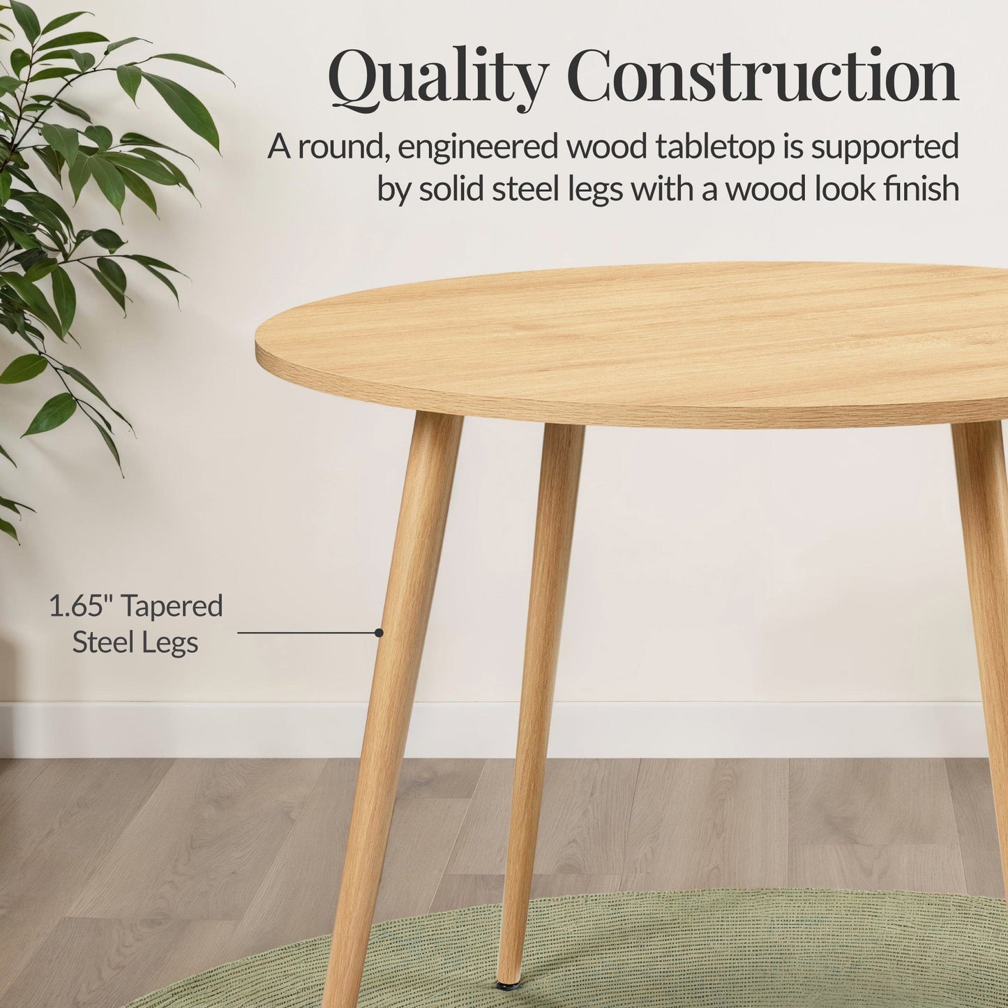 Round Mid-Century Modern 35.5in Dining Table, Dinette for Home or Kitchen w/Wood Finish Steel Legs