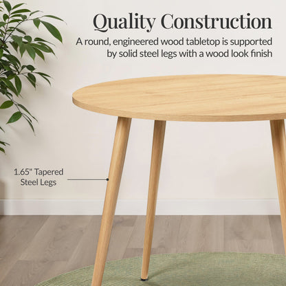 Round Mid-Century Modern 35.5in Dining Table, Dinette for Home or Kitchen w/Wood Finish Steel Legs