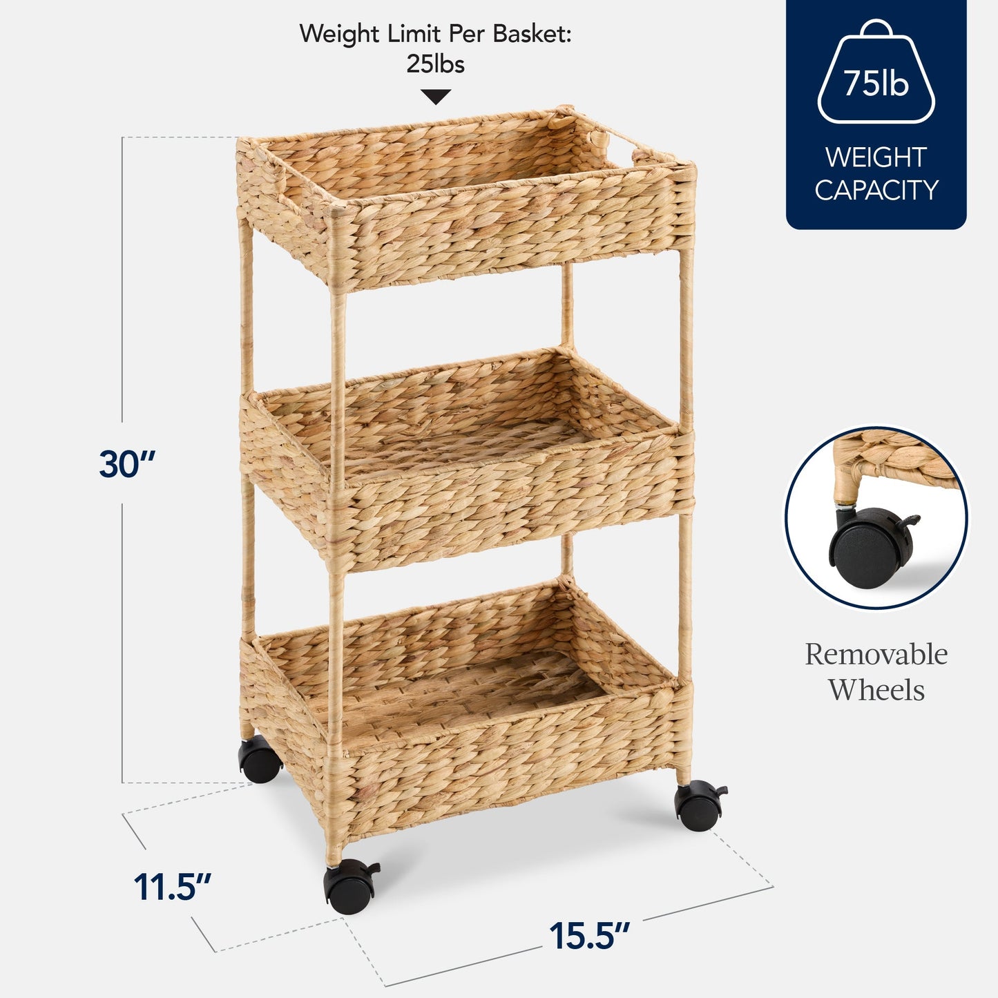 3-Tier Water Hyacinth Rolling Utility Cart w/ Weaved Baskets  Natural