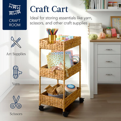 3-Tier Water Hyacinth Rolling Utility Cart w/ Weaved Baskets  Natural