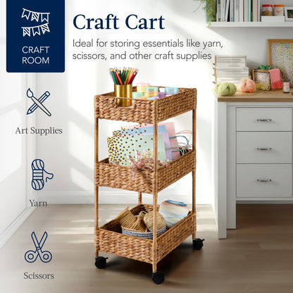 3-Tier Water Hyacinth Rolling Utility Cart w/ Weaved Baskets  Natural