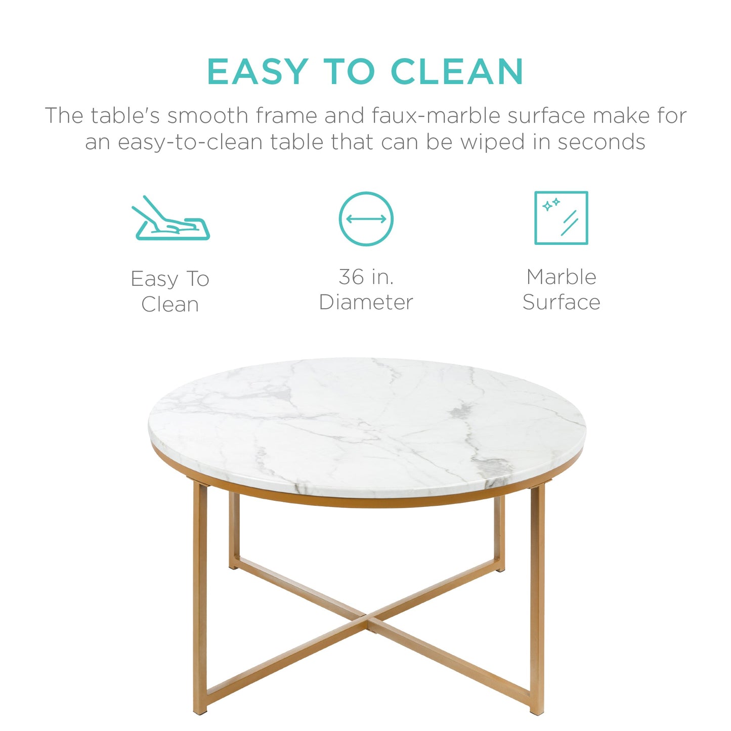 Round Coffee Table w/ Faux Marble Top, Metal Frame - 36in