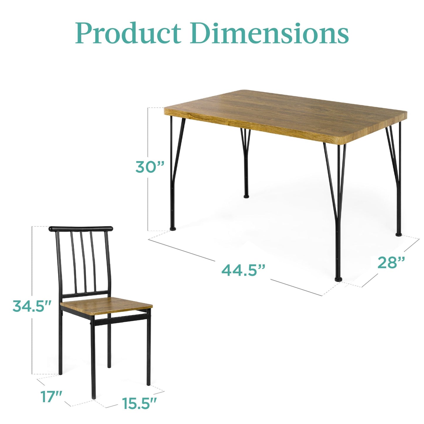 5-Piece Modern Metal and Wood Dining Table Furniture Set w/ 4 Chairs