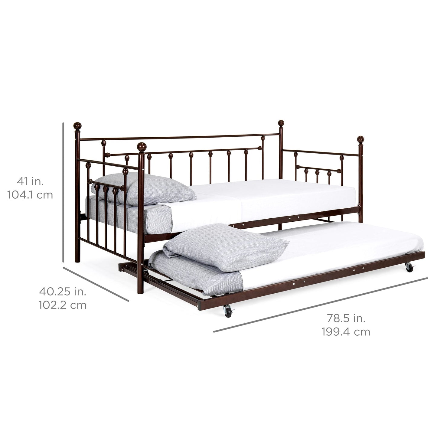 Twin Sized Metal Lounge Daybed Frame w/ Trundle, Finials