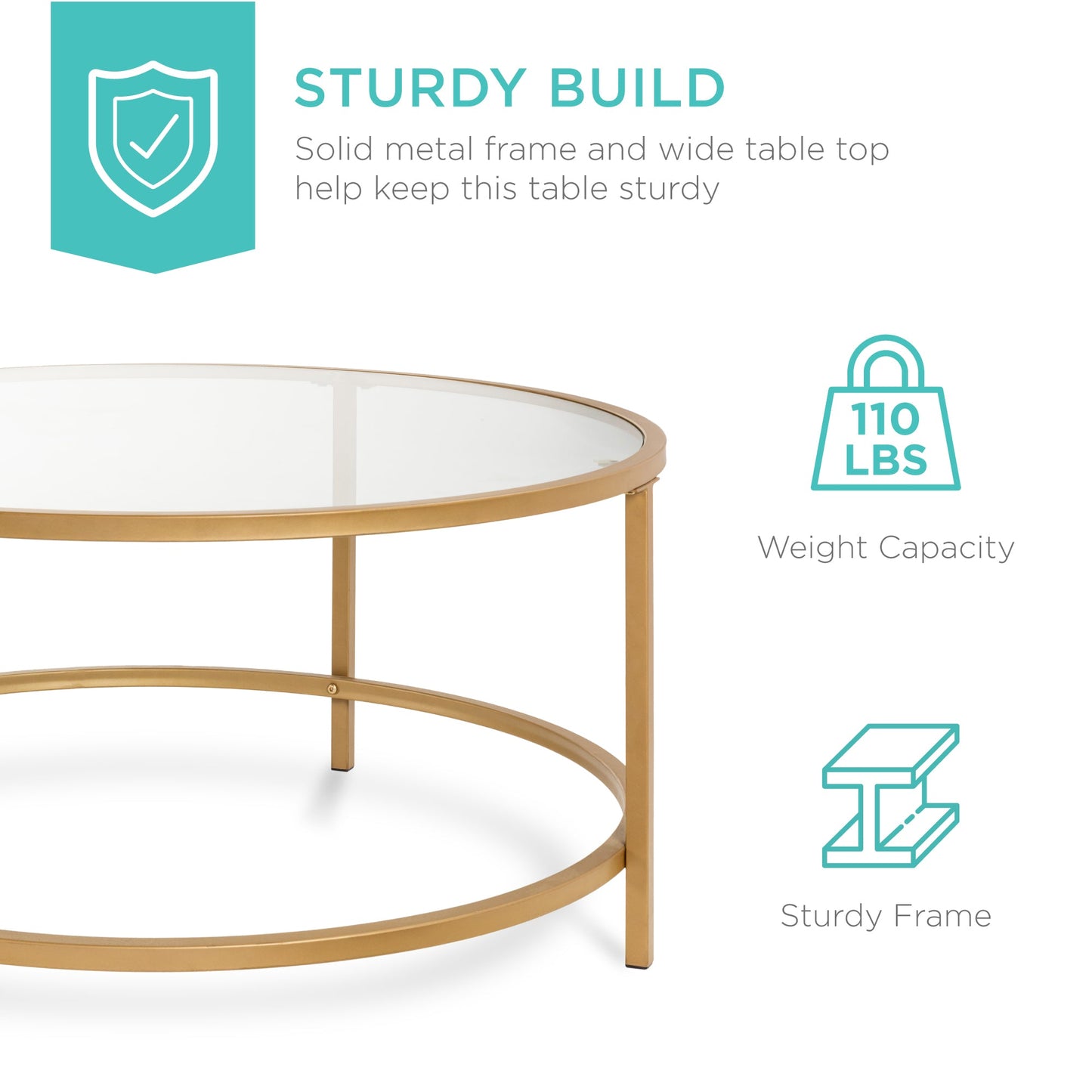 Round Tempered Glass Coffee Table w/ Steel Frame - 36in