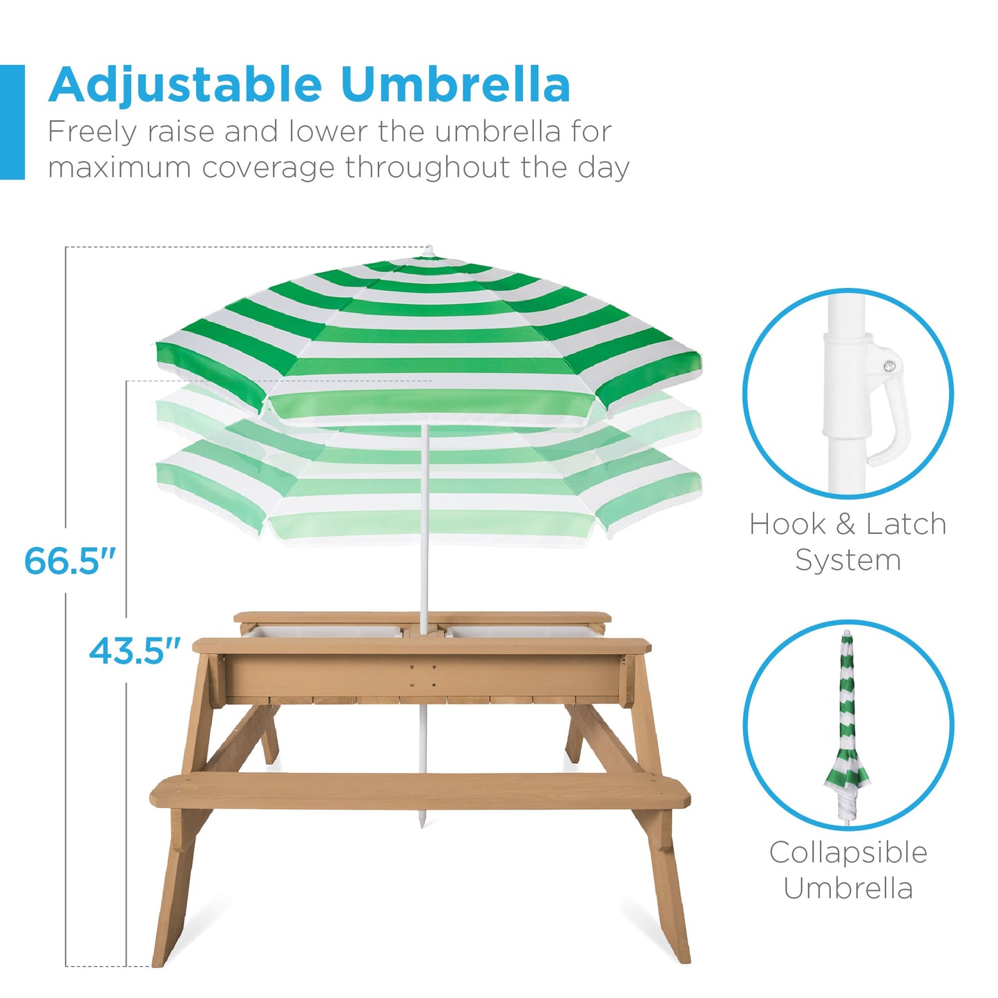 3-in-1 Kids Sand & Water Table Outdoor Wood Picnic Table w/ Umbrella
