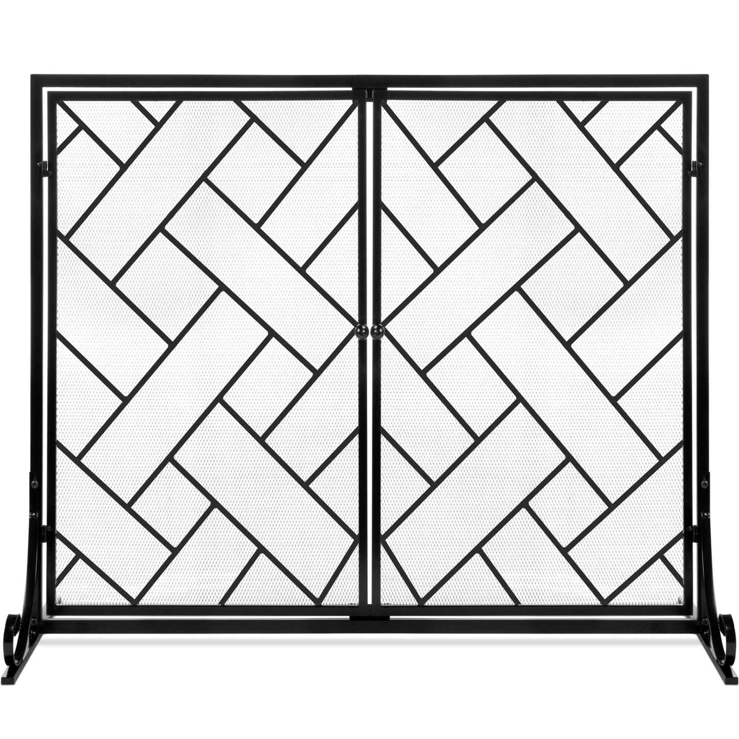 2-Panel Wrought Iron Geometric Fireplace Screen w/ Magnetic Doors - 44x33in