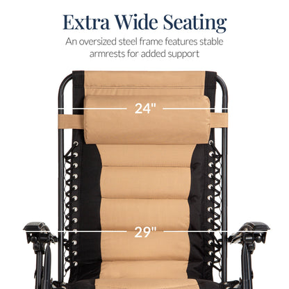 Oversized Padded Zero Gravity Chair, Folding Recliner w/ Headrest, Side Tray