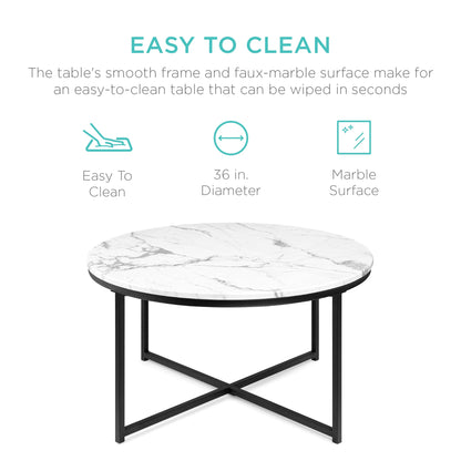 Round Coffee Table w/ Faux Marble Top, Metal Frame - 36in