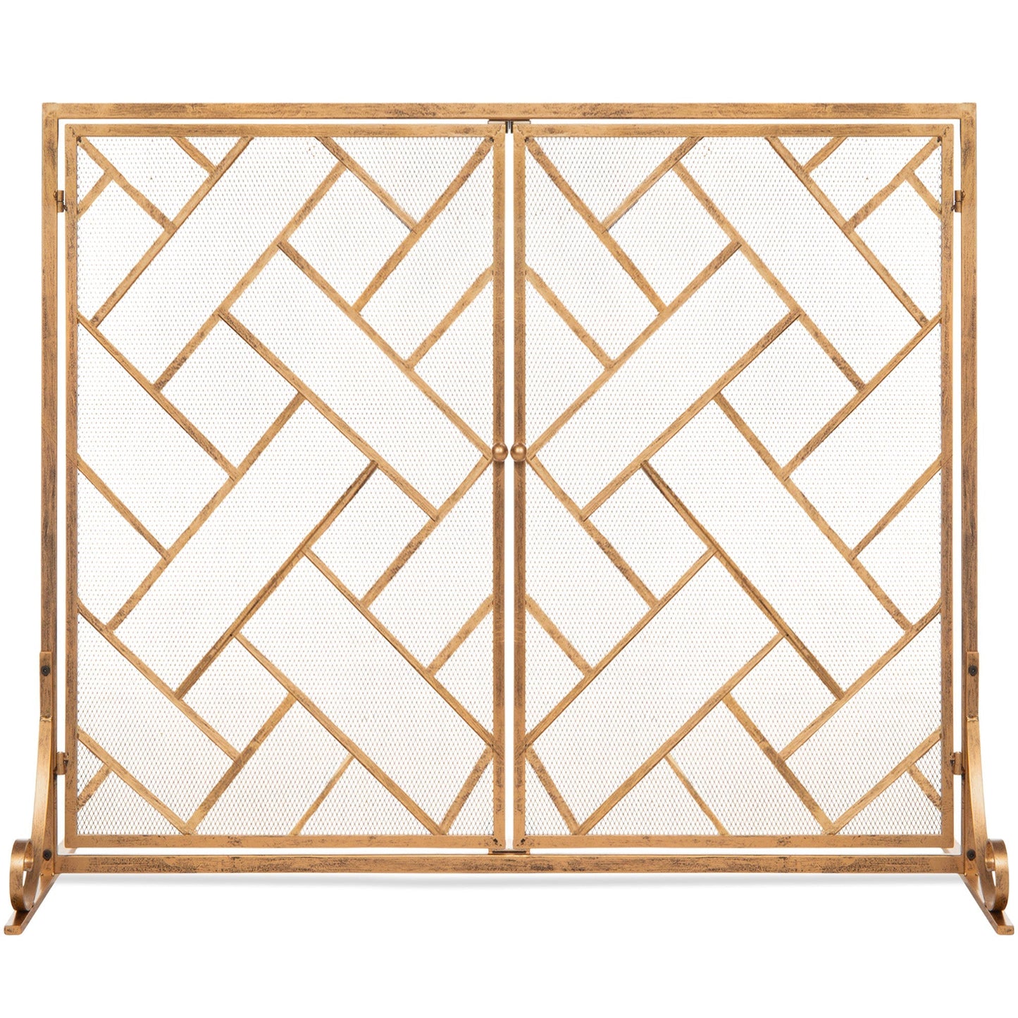 2-Panel Wrought Iron Geometric Fireplace Screen w/ Magnetic Doors - 44x33in