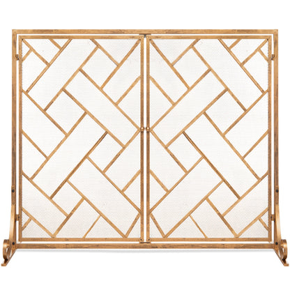 2-Panel Wrought Iron Geometric Fireplace Screen w/ Magnetic Doors - 44x33in