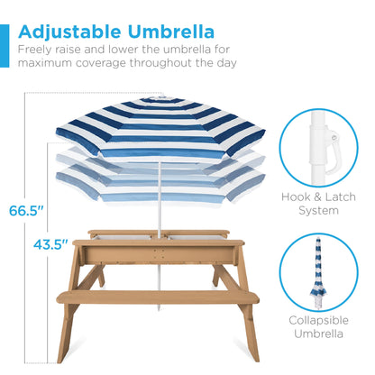 3-in-1 Kids Sand & Water Table Outdoor Wood Picnic Table w/ Umbrella