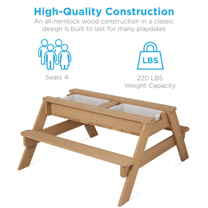 3-in-1 Kids Sand & Water Table Outdoor Wood Picnic Table w/ Umbrella