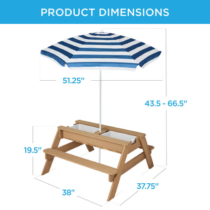 3-in-1 Kids Sand & Water Table Outdoor Wood Picnic Table w/ Umbrella