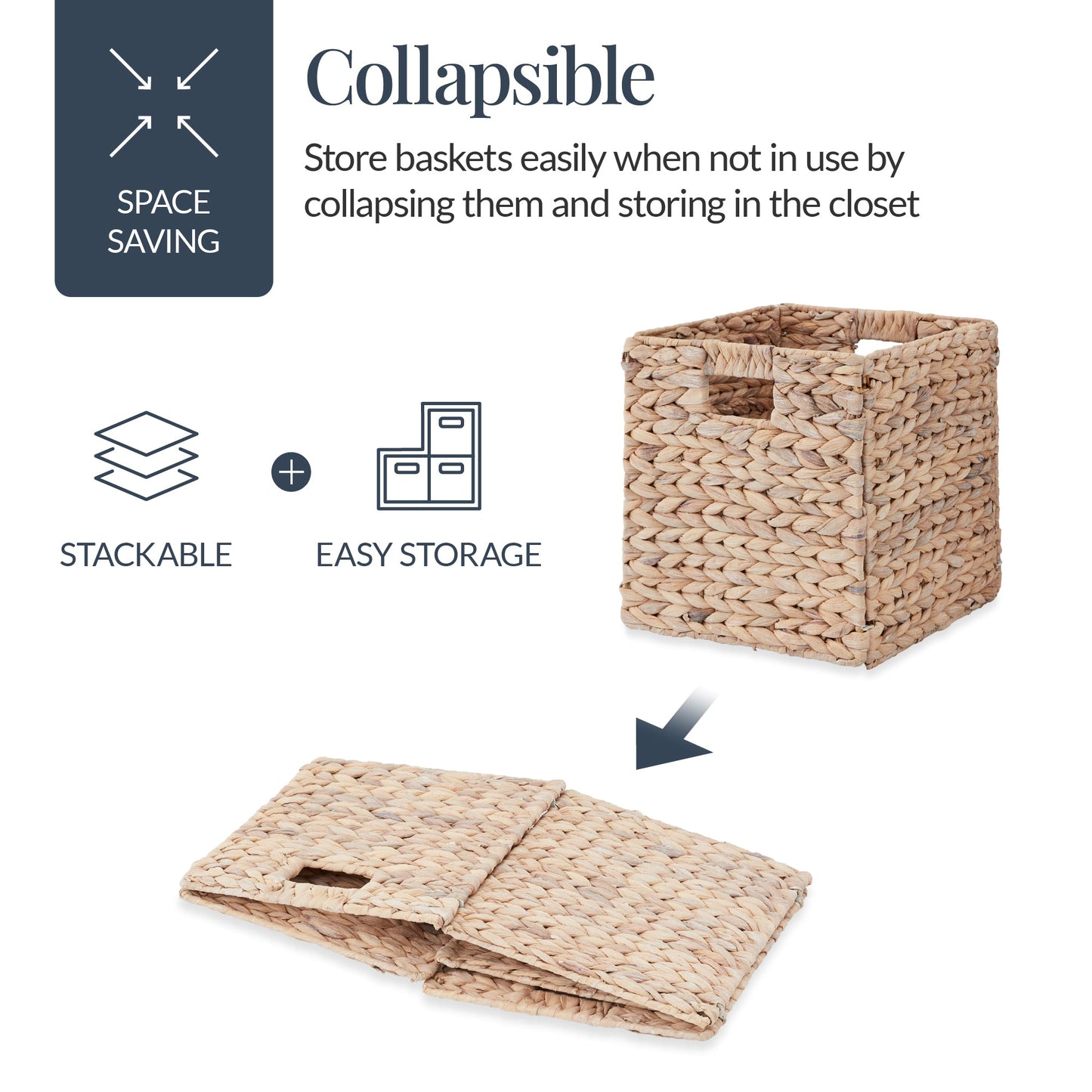 Set of 5 Collapsible Hyacinth Storage Baskets w/ Inserts - 12x12in