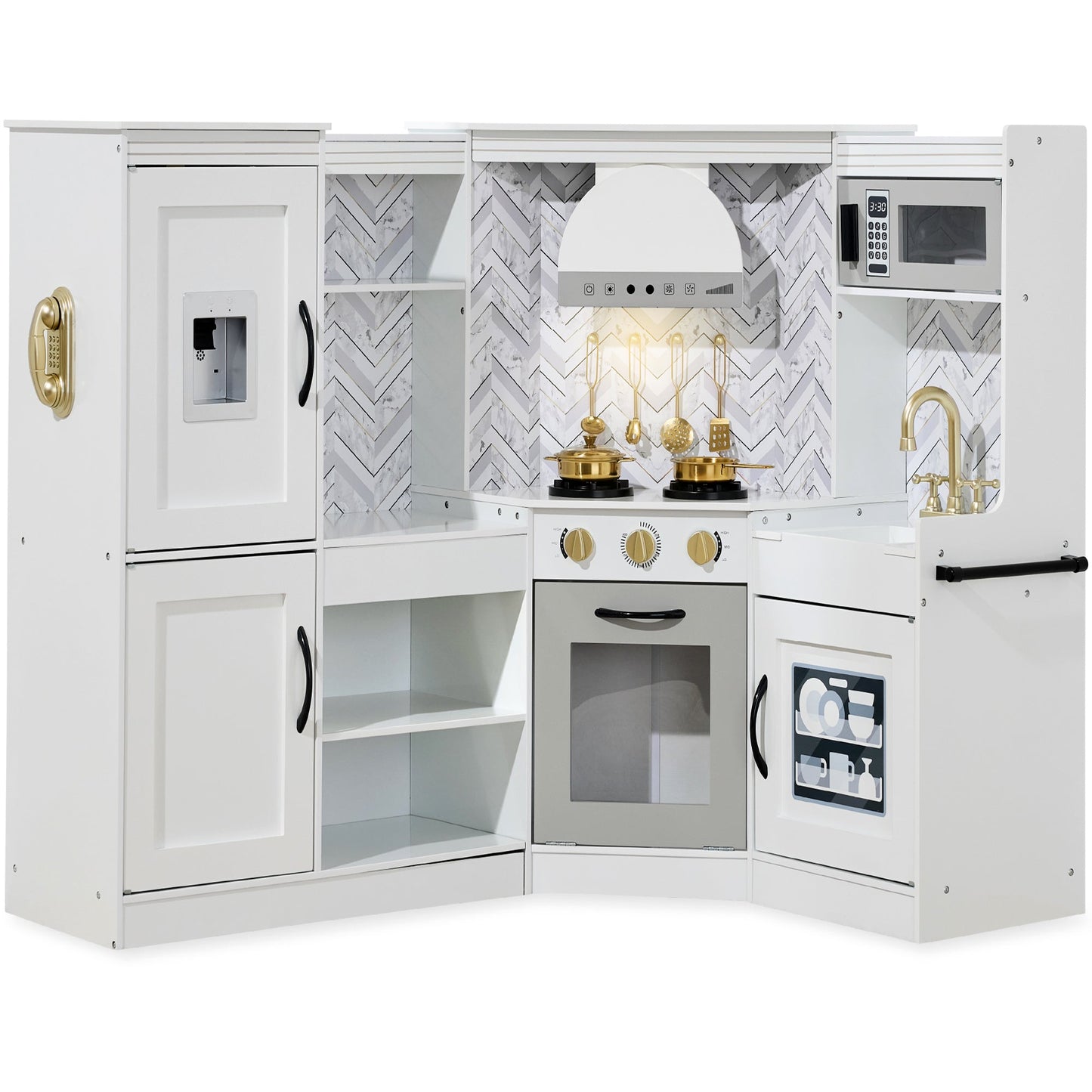 Pretend Play Corner Kitchen Wooden Toy Set for Kids w/ Lights, Sounds