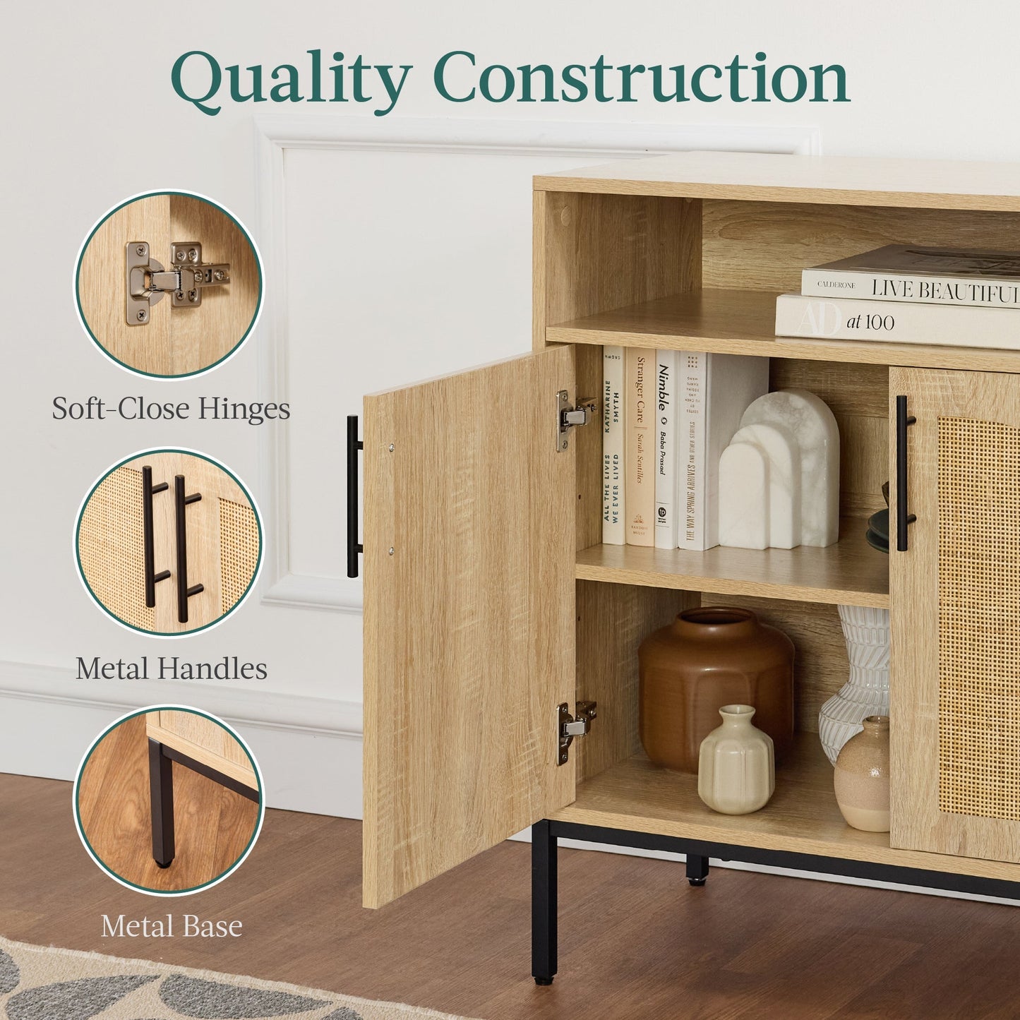 2-Door Rattan Cabinet, Buffet, w/ Cord Cutout & Storage Shelf, Natural