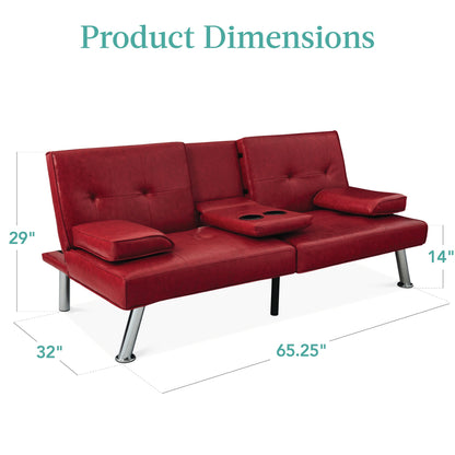 Faux Leather Upholstered Convertible Sofa Bed Futon w/ 2 Cupholders