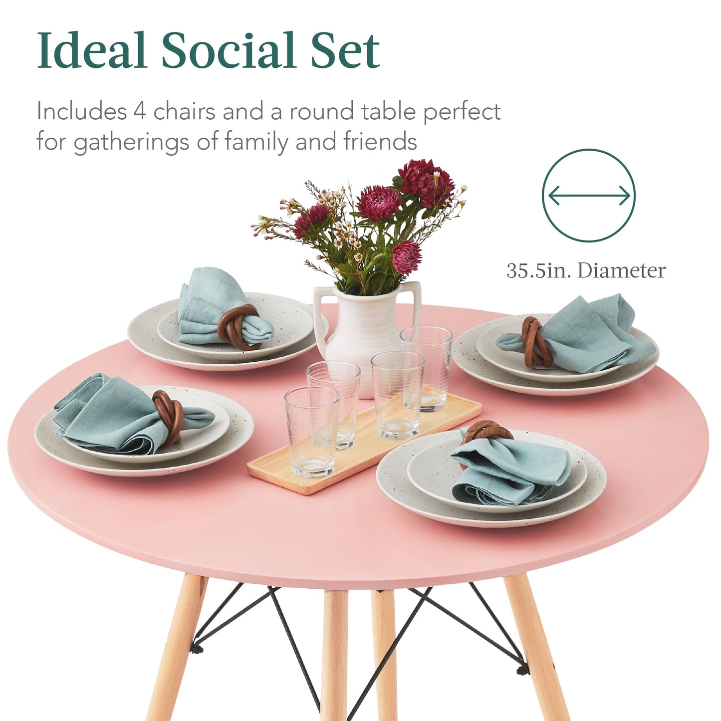 5-Piece Mid-Century Modern Dining Set w/ 4 Chairs, Wooden Legs, Metal Frame