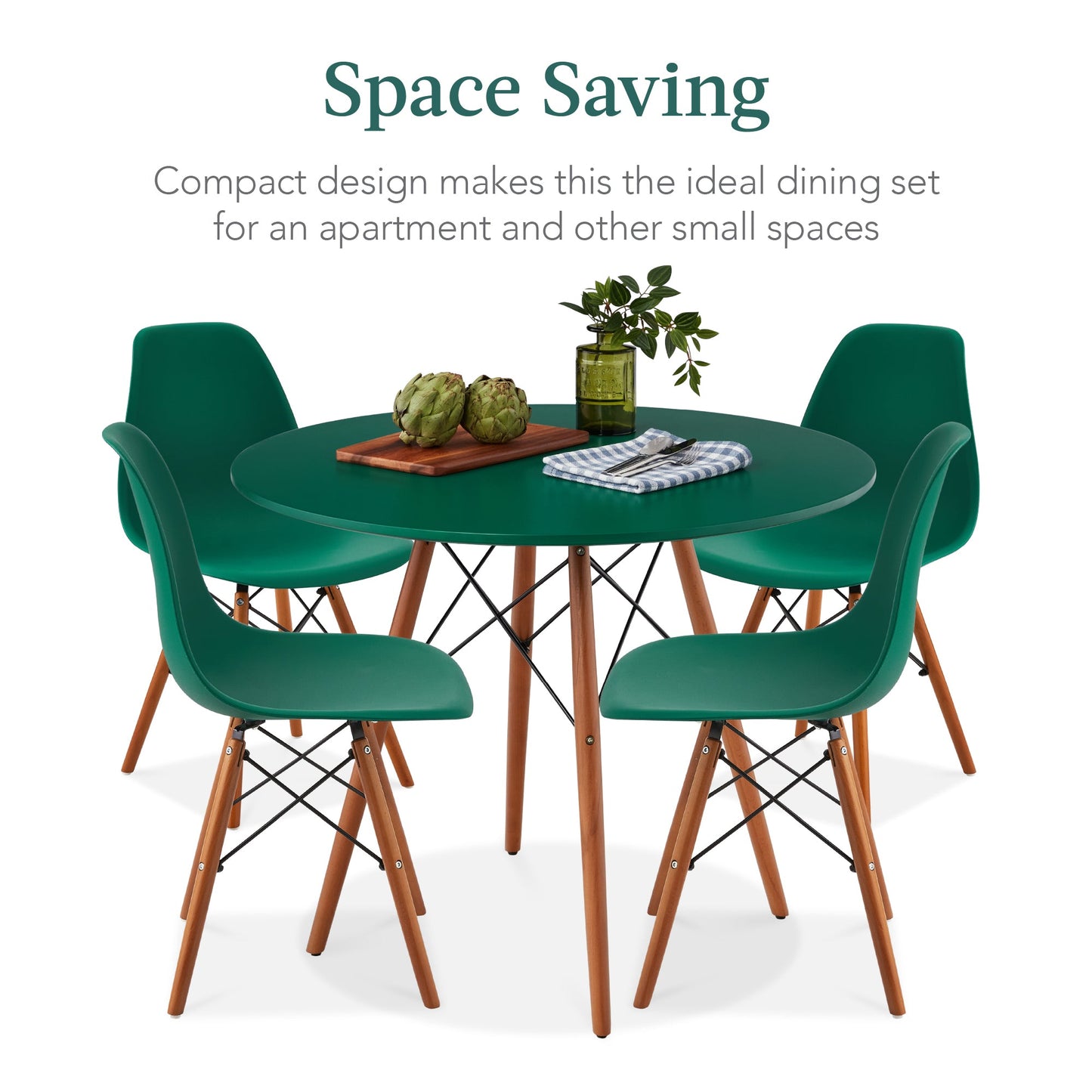 5-Piece Mid-Century Modern Dining Set w/ 4 Chairs, Wooden Legs, Metal Frame