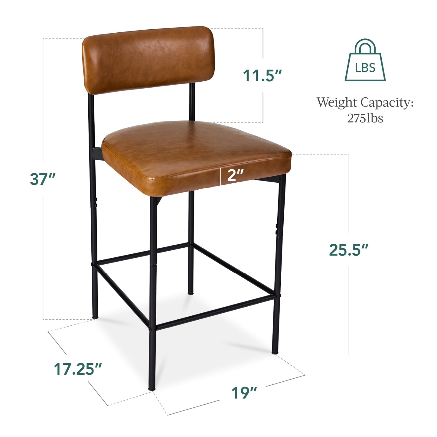 Set of 2 Armless Counter Height Bar Stools, Modern PU Faux Leather Stools