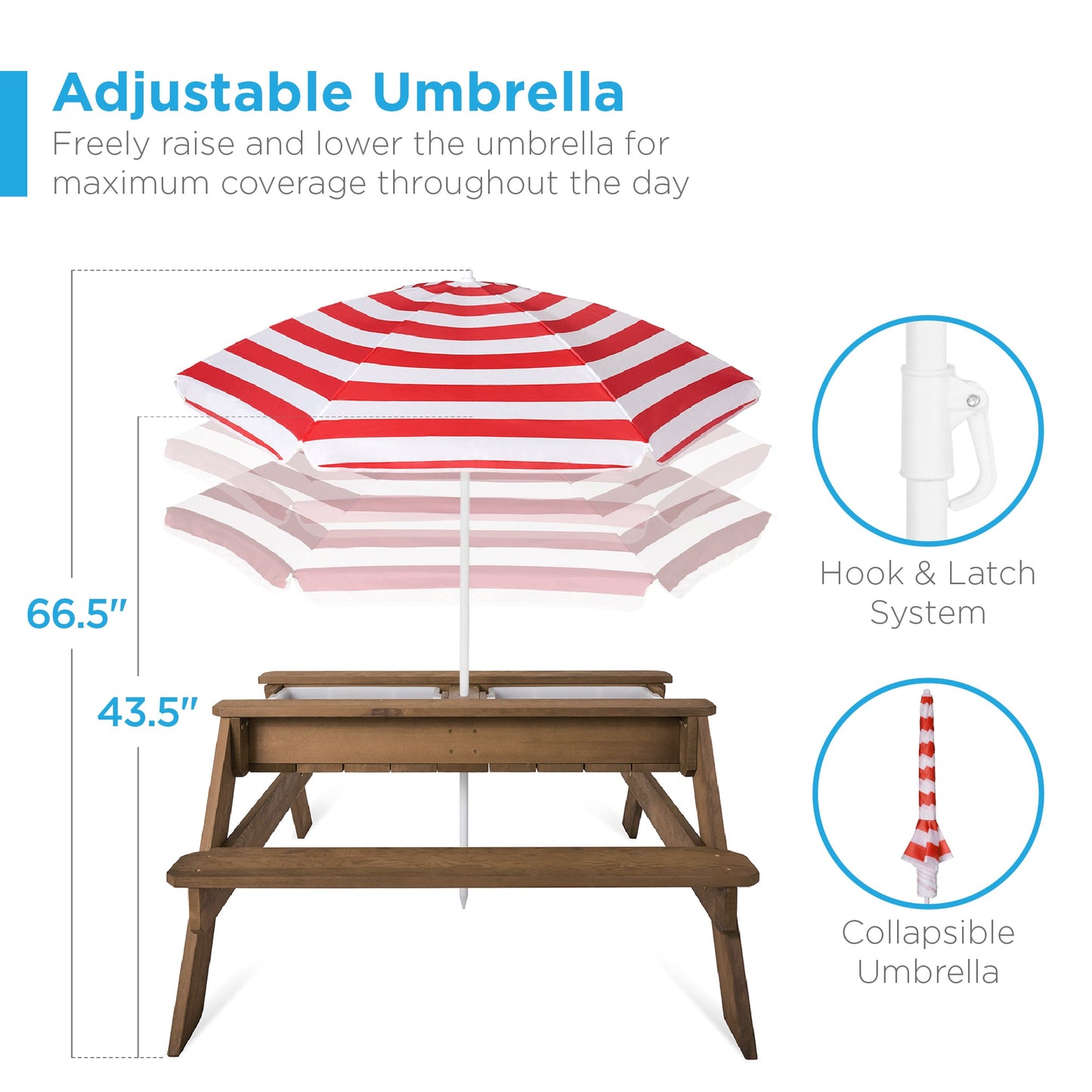 3-in-1 Kids Sand & Water Table Outdoor Wood Picnic Table w/ Umbrella