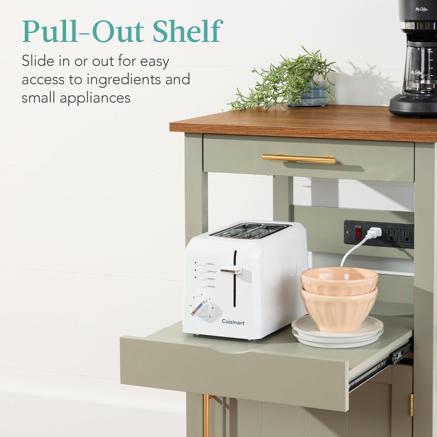 Rolling Kitchen Island Cart, Cabinet W/ Drawer, Sliding Tray, Outlet, Wheels