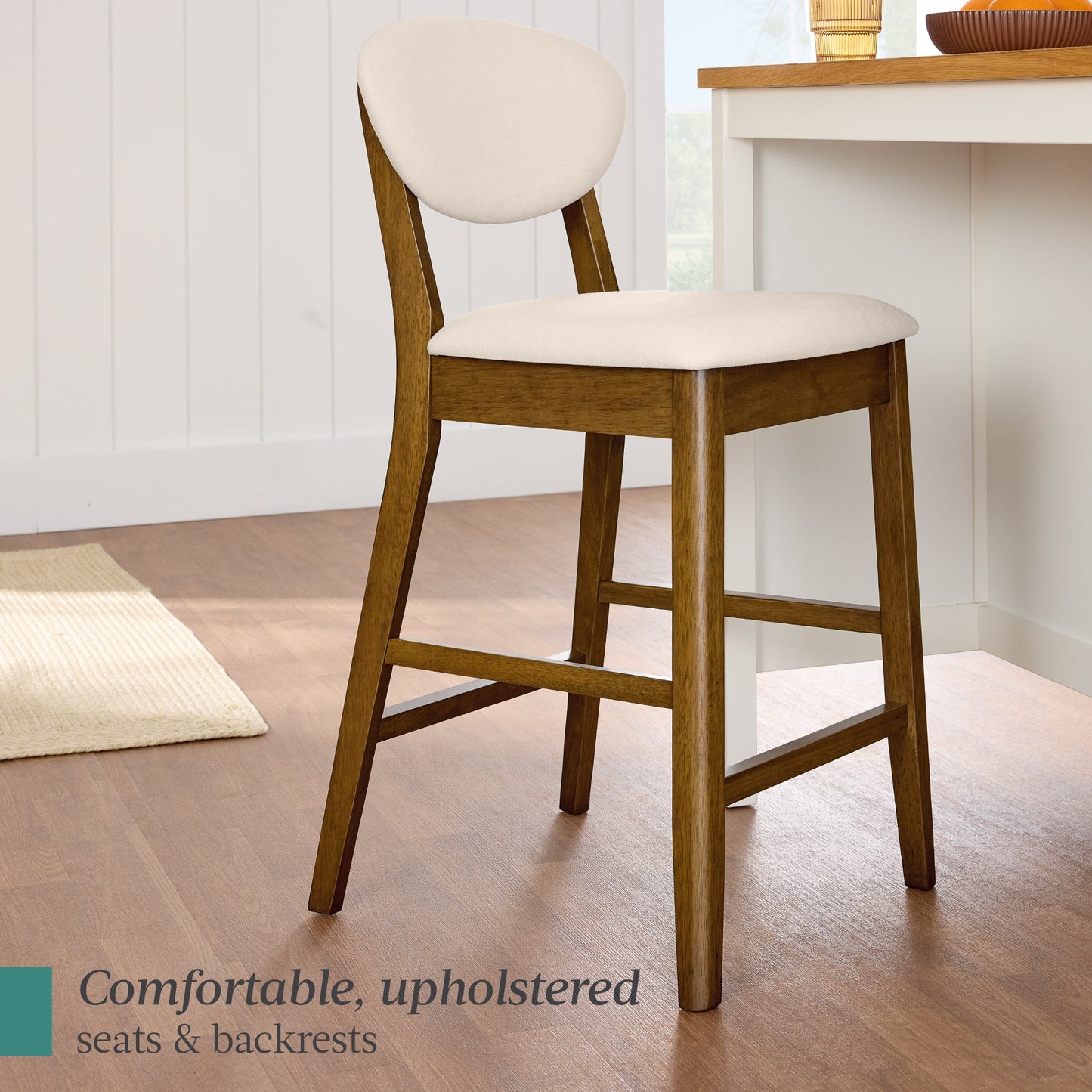 2-Piece Mid-Century Modern Wood & Upholstered Counter Height Bar Stool Set