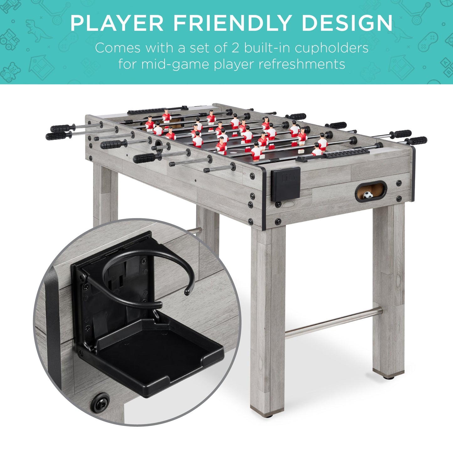 Foosball Game Table, Arcade Table Soccer w/ 2 Cup Holders, 2 Balls - 48in