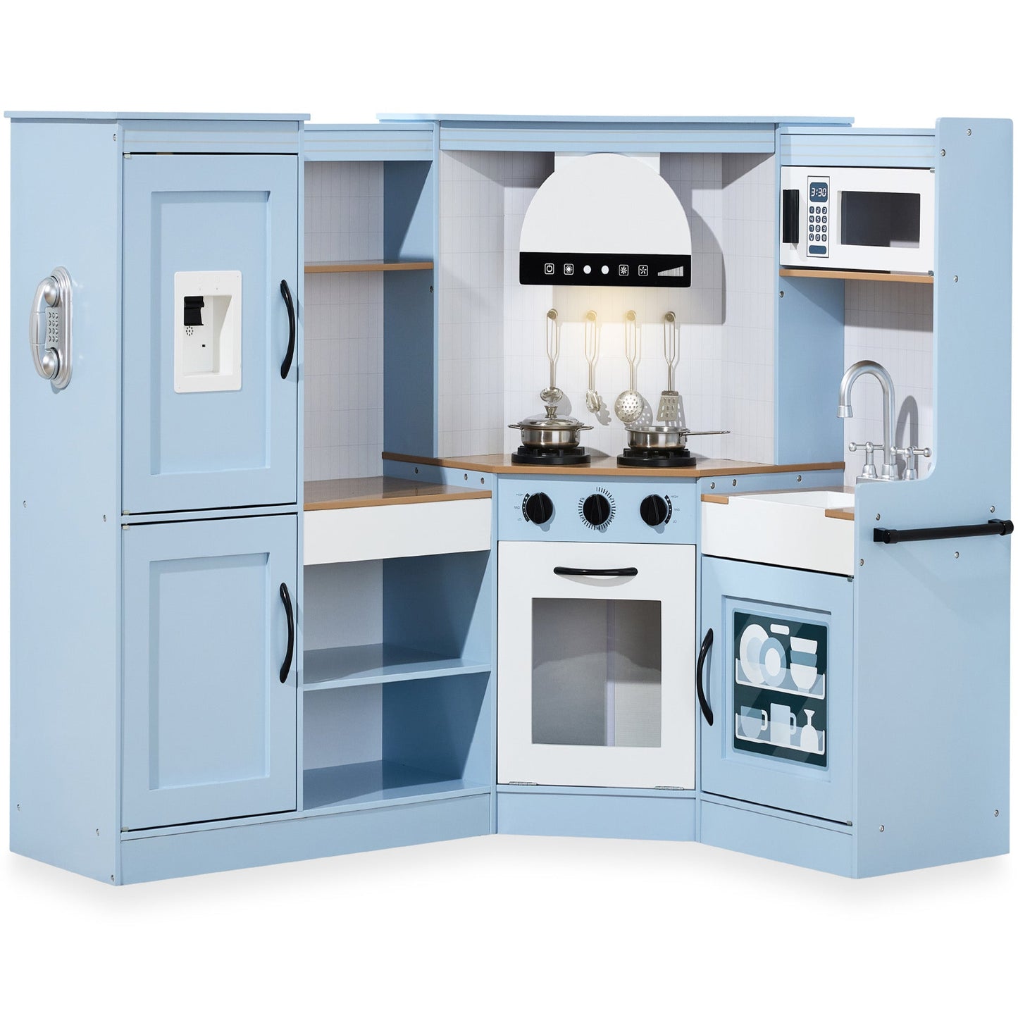 Pretend Play Corner Kitchen Wooden Toy Set for Kids w/ Lights, Sounds