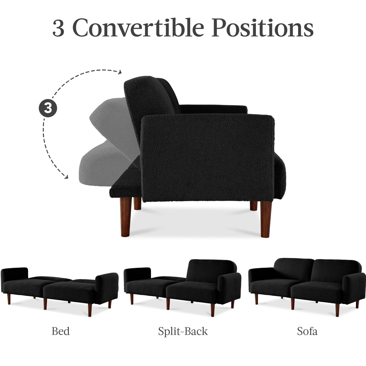 Curved Convertible Futon, Boucle Fabric Split-Back Sleeper Bed