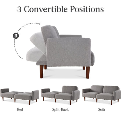 Curved Convertible Futon, Boucle Fabric Split-Back Sleeper Bed