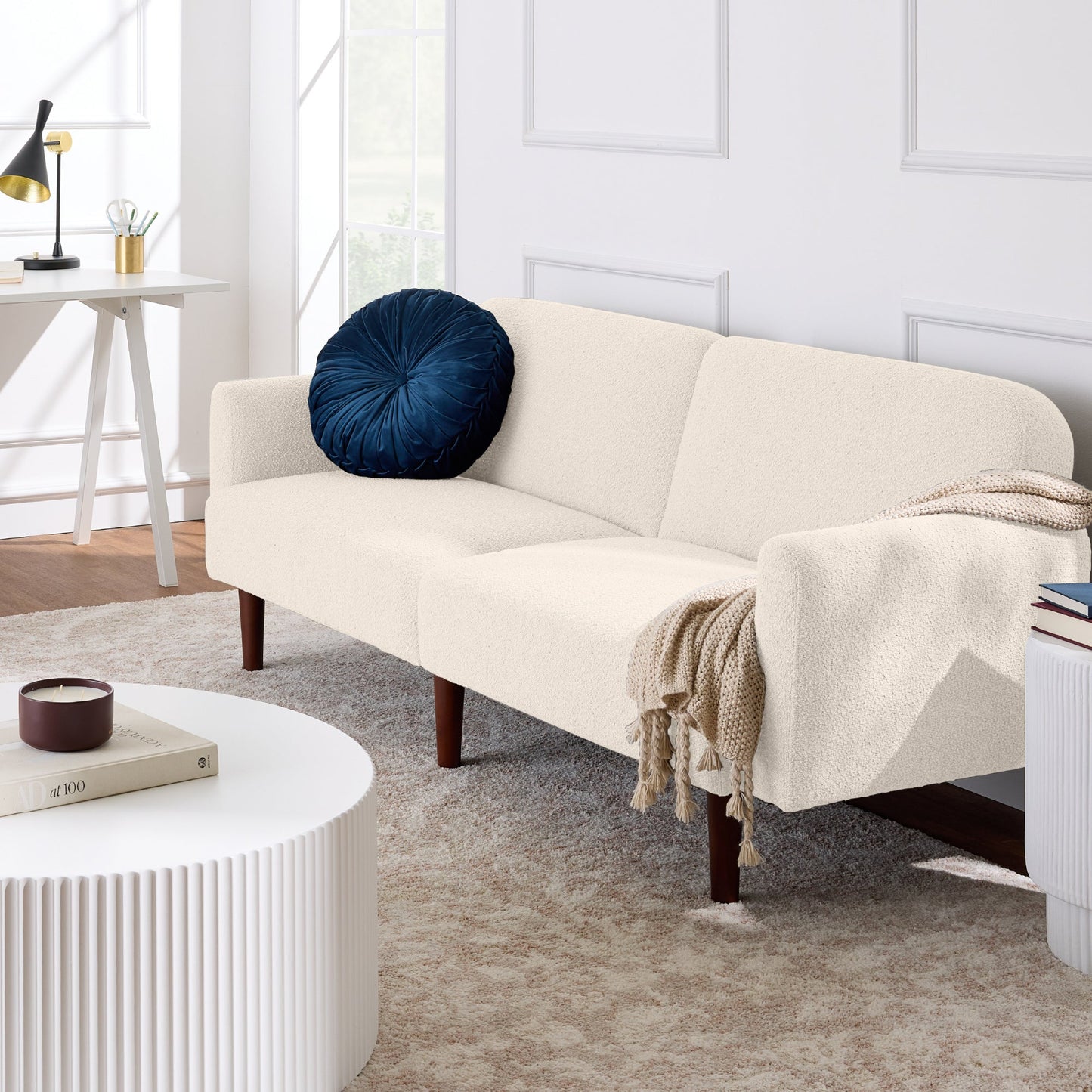 Curved Convertible Futon, Boucle Fabric Split-Back Sleeper Bed