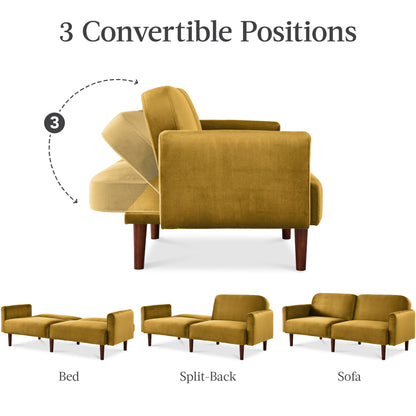 Curved Convertible Futon, Velvet Fabric Split-Back Sleeper Bed
