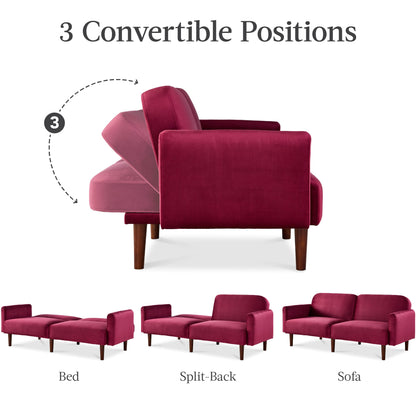 Curved Convertible Futon, Velvet Fabric Split-Back Sleeper Bed