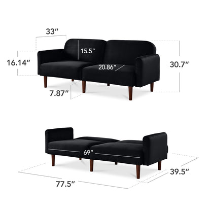 Curved Convertible Futon, Velvet Fabric Split-Back Sleeper Bed