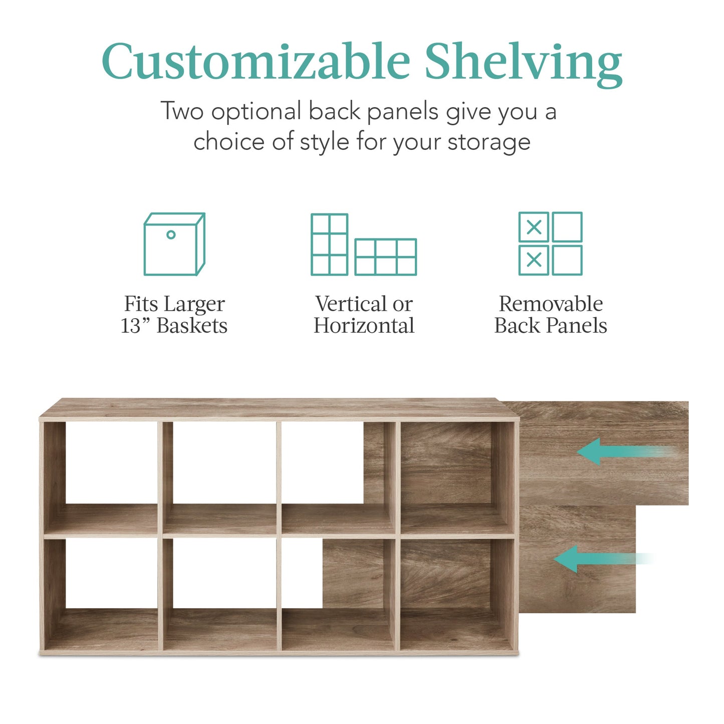 8-Cube Bookshelf, 13.5in Storage Display w/ Removable Panels, Customizable