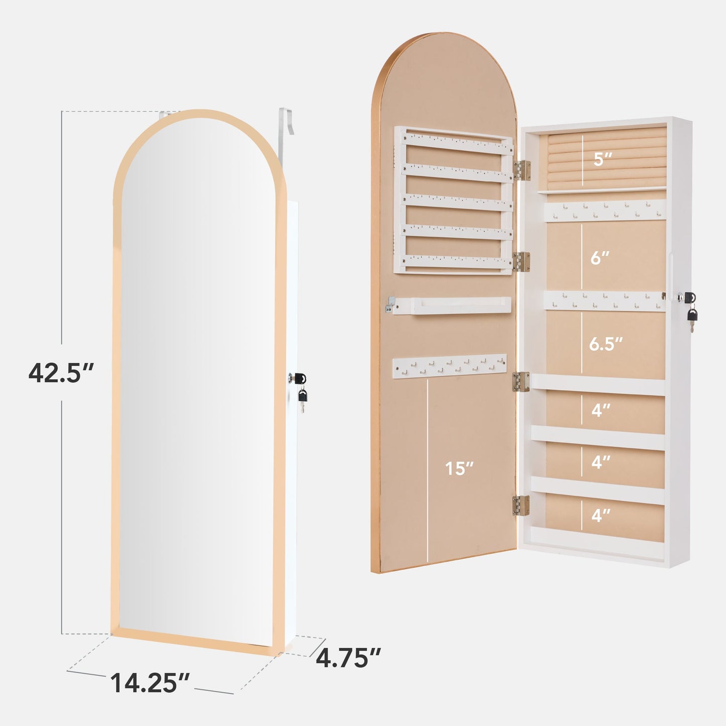 Door/Wall Mounted Arch Mirror Jewelry Armoire, w/ Metal Frame, Built-In Lock