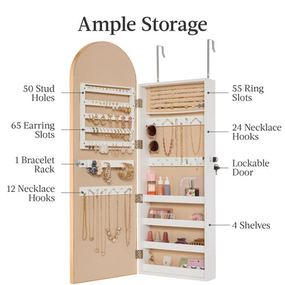 Door/Wall Mounted Arch Mirror Jewelry Armoire, w/ Metal Frame, Built-In Lock