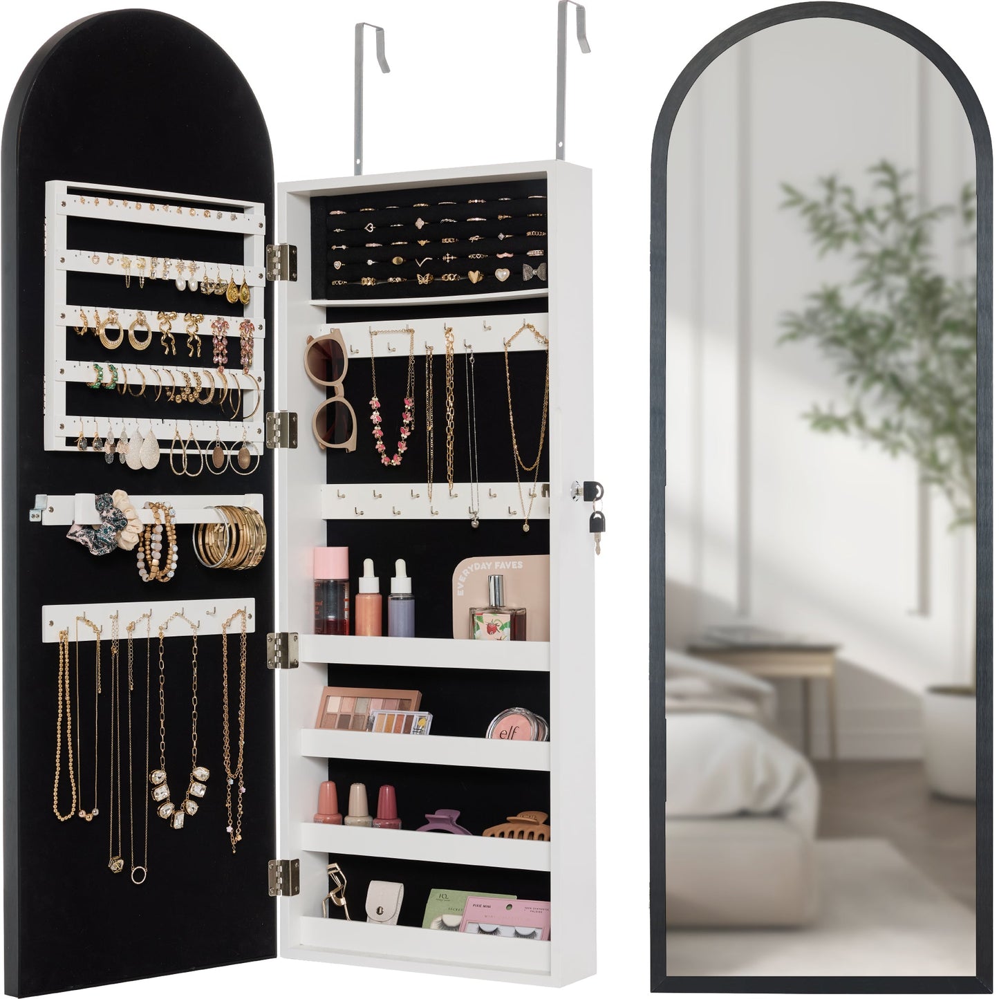 Door/Wall Mounted Arch Mirror Jewelry Armoire, w/ Metal Frame, Built-In Lock