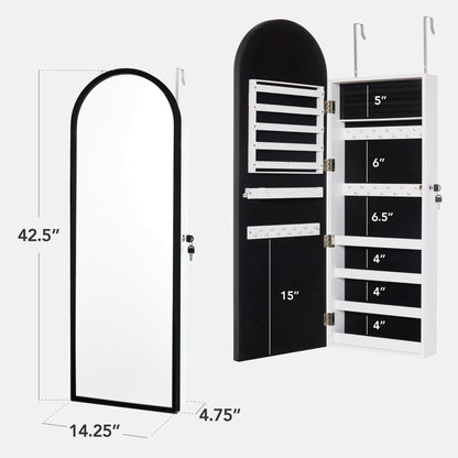Door/Wall Mounted Arch Mirror Jewelry Armoire, w/ Metal Frame, Built-In Lock
