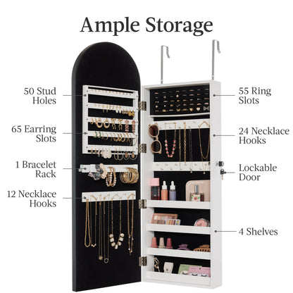Door/Wall Mounted Arch Mirror Jewelry Armoire, w/ Metal Frame, Built-In Lock