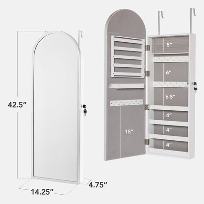 Door/Wall Mounted Arch Mirror Jewelry Armoire, w/ Metal Frame, Built-In Lock