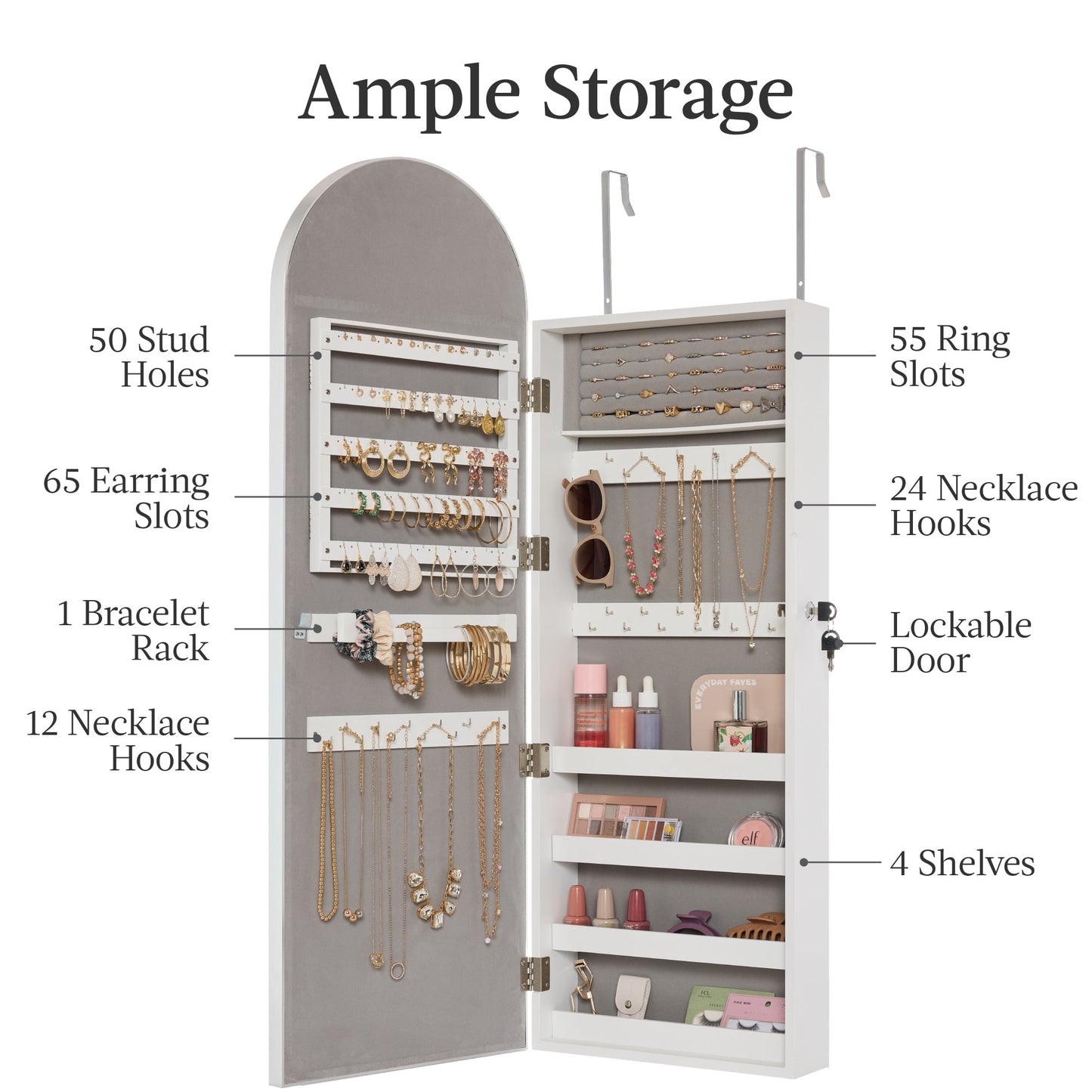 Door/Wall Mounted Arch Mirror Jewelry Armoire, w/ Metal Frame, Built-In Lock