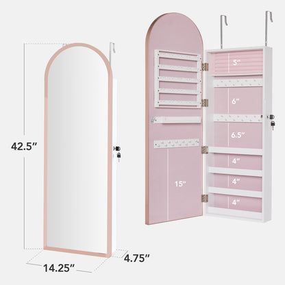 Door/Wall Mounted Arch Mirror Jewelry Armoire, w/ Metal Frame, Built-In Lock
