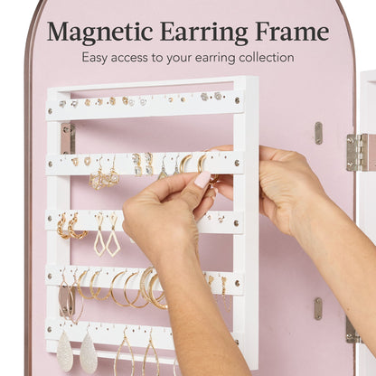 Door/Wall Mounted Arch Mirror Jewelry Armoire, w/ Metal Frame, Built-In Lock
