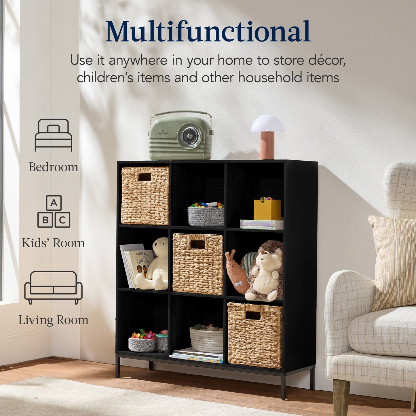 Elevated 9-Cube Storage Organizer, 11in Bookshelf, w/ Metal Legs