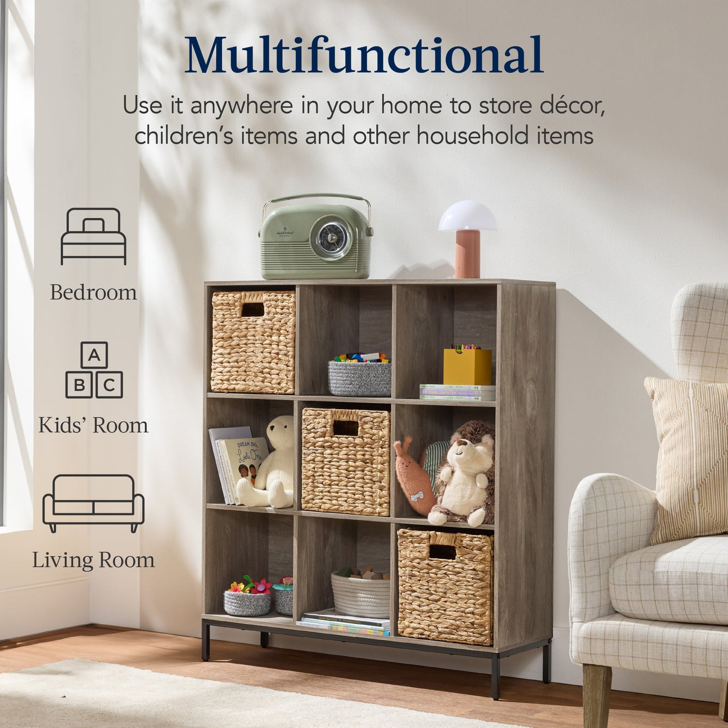 Elevated 9-Cube Storage Organizer, 11in Bookshelf, w/ Metal Legs